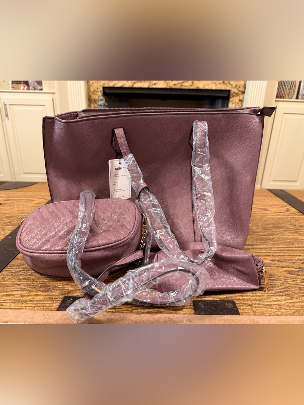 A47 Nubily Mauve 3 pc Tote, Crossbody and Cosmetic Bag Set